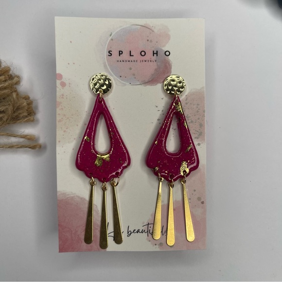 Boho Pink Gold Geometric Clay Earrings - Picture 5 of 7